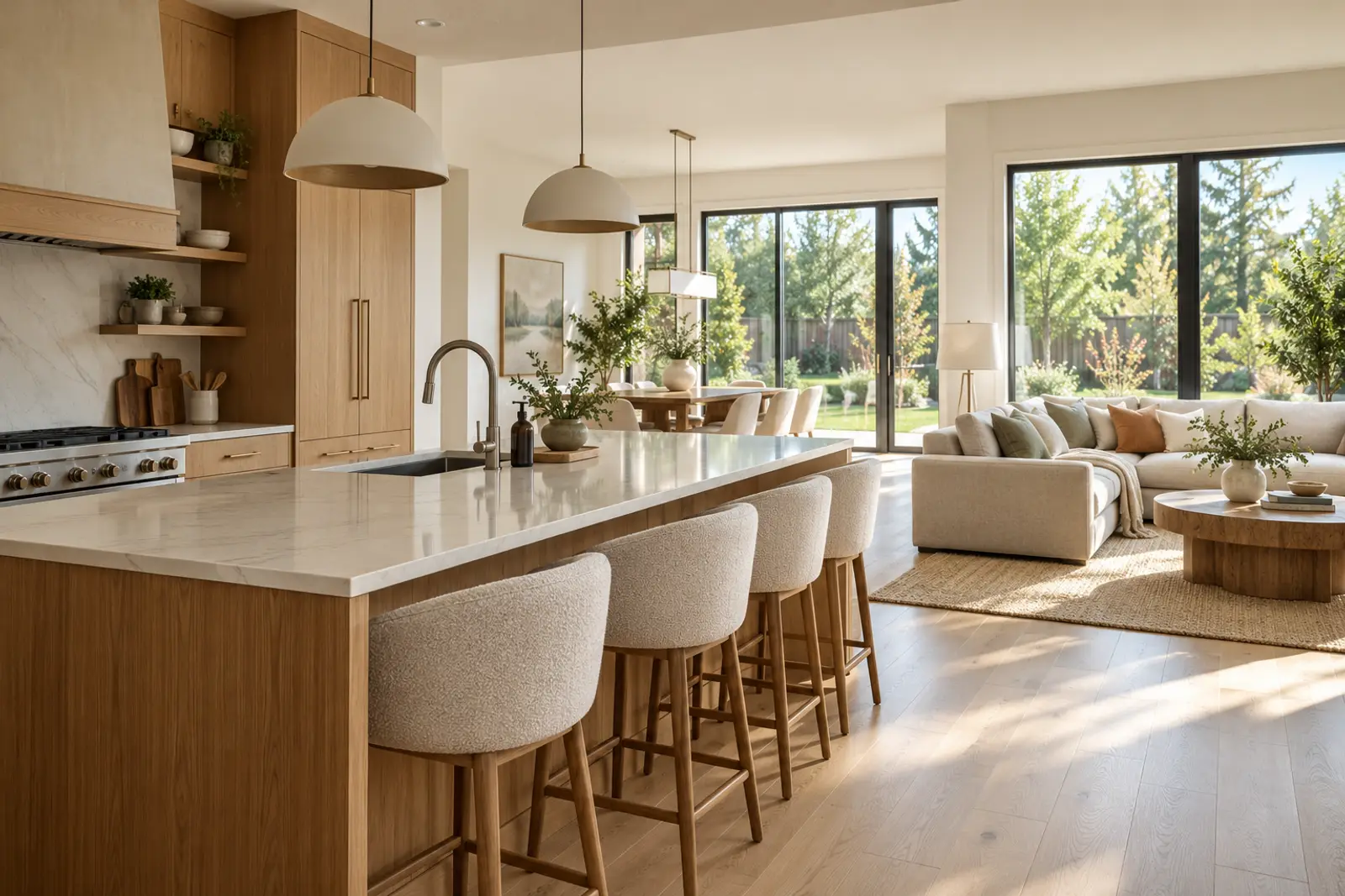 A bright open-plan kitchen and living room with white oak floors and large windows
