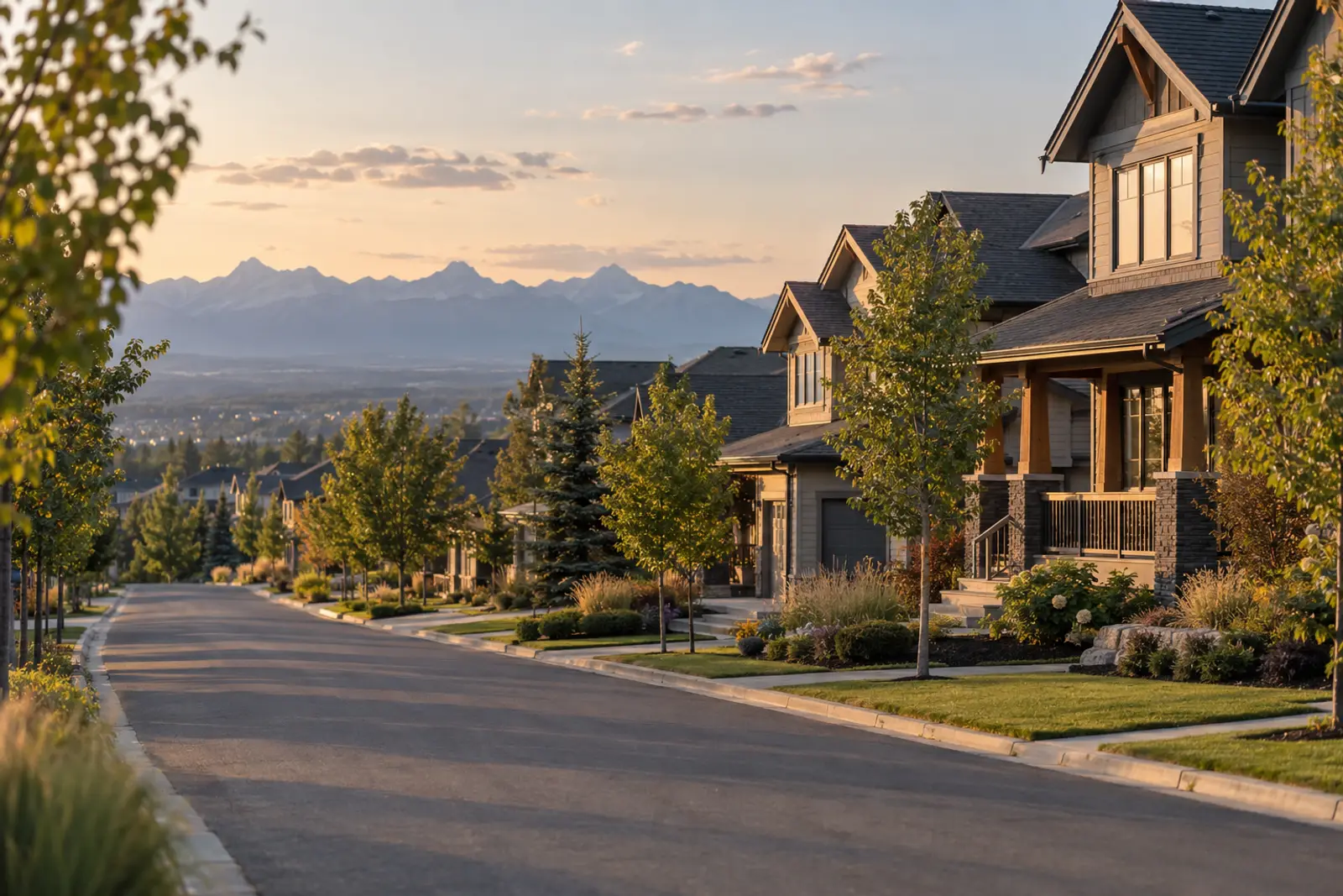 A tree-lined residential street of family homes with the Rocky Mountains on the horizon