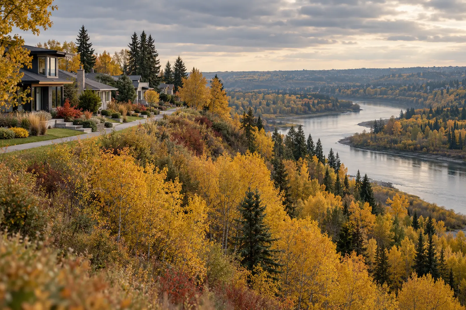 A neighbourhood at the edge of a wide river valley in autumn, with golden trees above the river