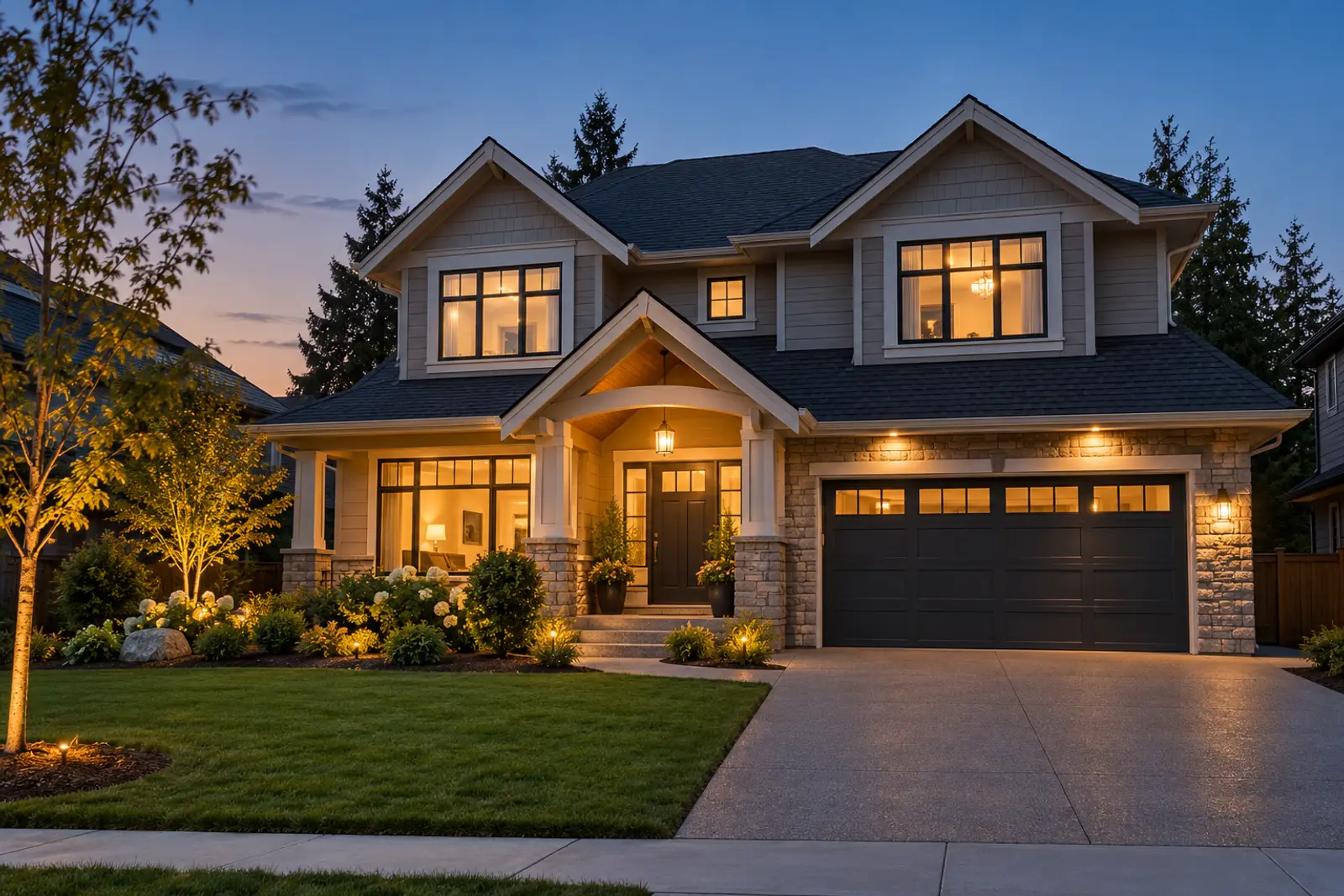 A two-storey family home at dusk with its porch and window lights on